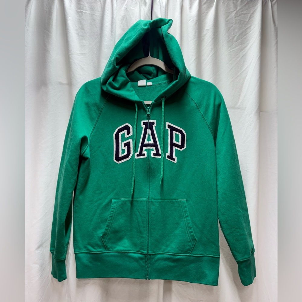 Gap women's green full-zip hoodie with blue/white lettering size M